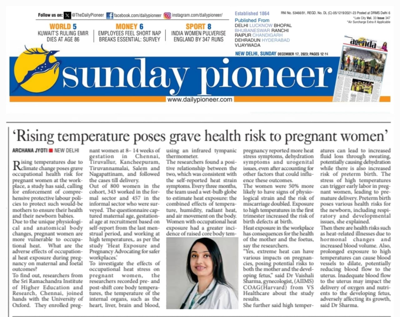 Daily Pioneer with Dr Vaishali Sharma MD (AIIMS)