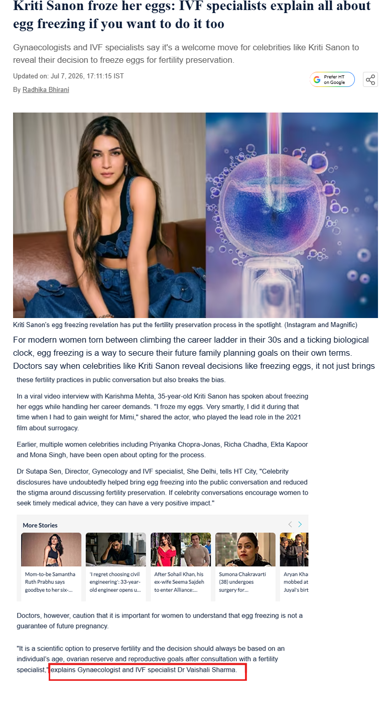 Hindustan Times Features Dr. Vaishali Sharma on Fertility Preservation